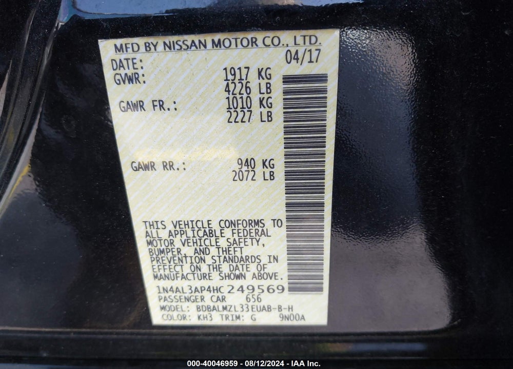 2017 NISSAN ALTIMA 2.5 SV VIN: 1N4AL3AP4HC249569