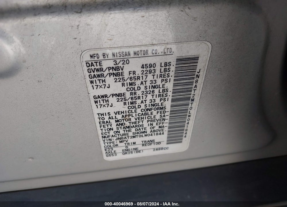 2020 NISSAN ROGUE S FWD VIN: JN8AT2MT0LW041844