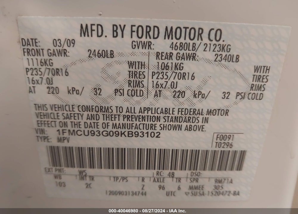 2009 FORD ESCAPE XLT VIN: 1FMCU93G09KB93102