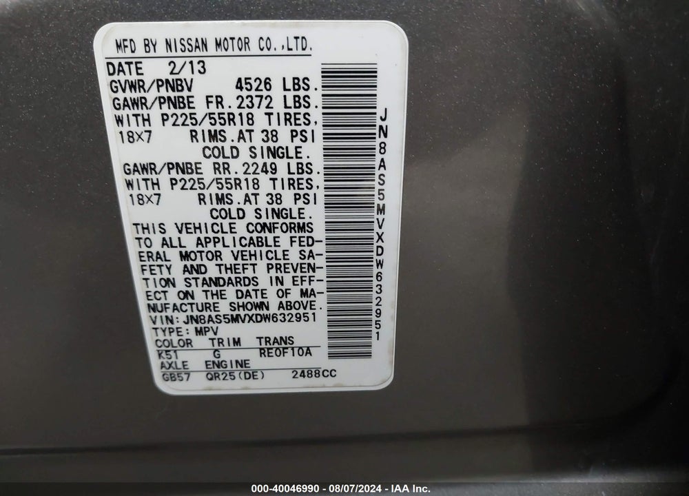 2013 NISSAN ROGUE SV W/SL PKG VIN: JN8AS5MVXDW632951