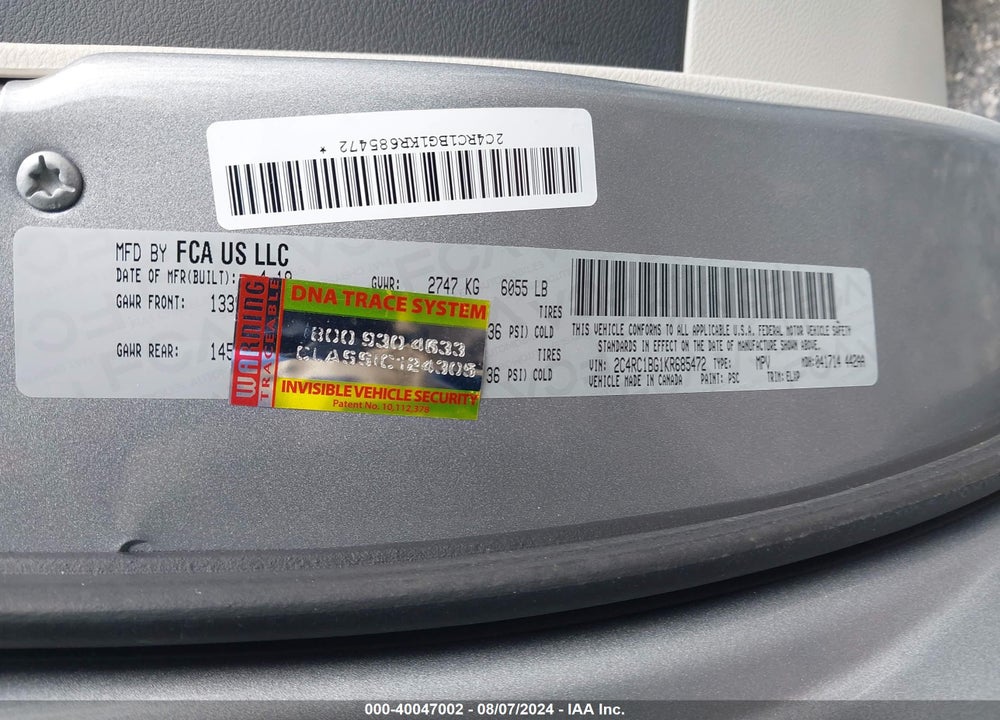 2019 CHRYSLER PACIFICA TOURING L VIN: 2C4RC1BG1KR685472