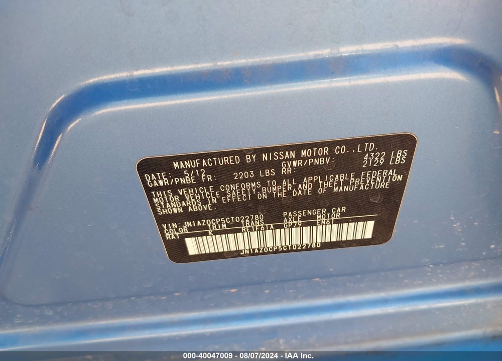 2012 NISSAN LEAF SL VIN: JN1AZ0CP5CT022780