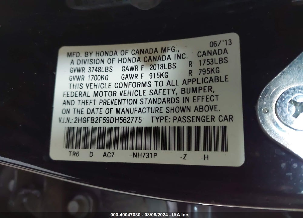 2013 HONDA CIVIC LX VIN: 2HGFB2F59DH562775