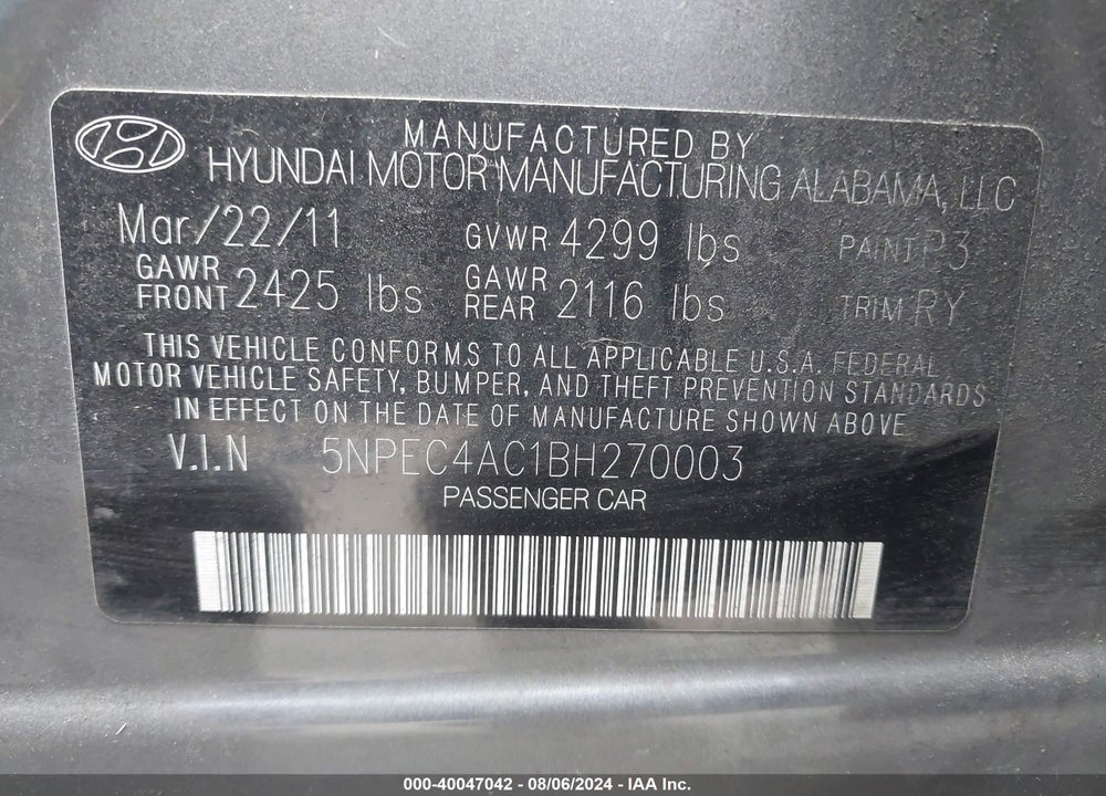 2011 HYUNDAI SONATA LIMITED VIN: 5NPEC4AC1BH270003