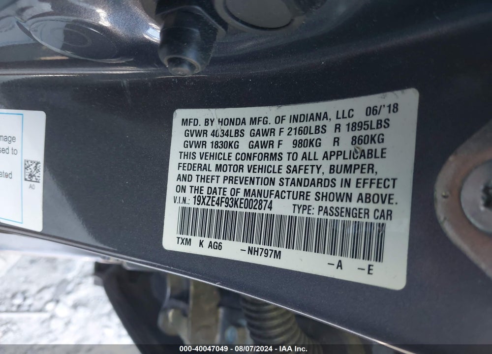 2019 HONDA INSIGHT TOURING VIN: 19XZE4F93KE002874