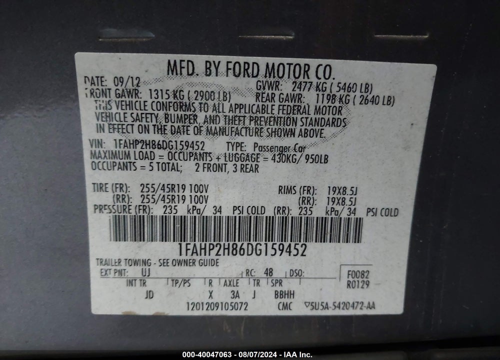 2013 FORD TAURUS SEL VIN: 1FAHP2H86DG159452