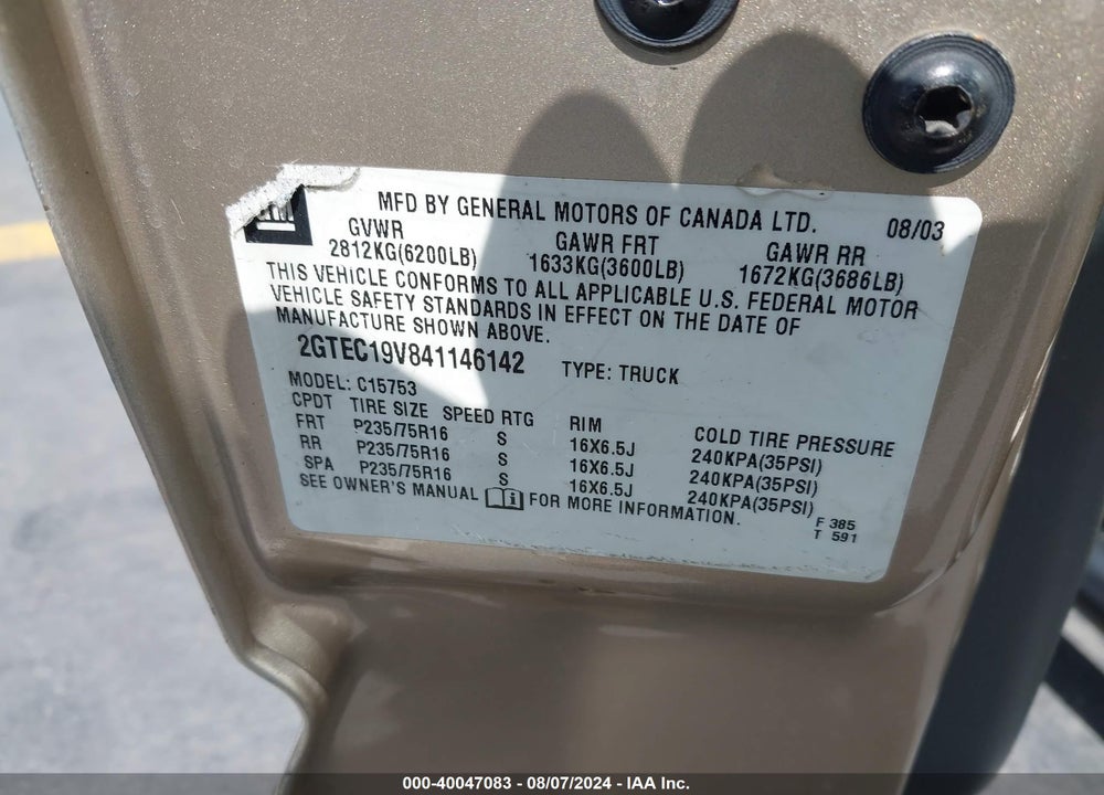 2004 GMC SIERRA 1500 VIN: 2GTEC19V841146142