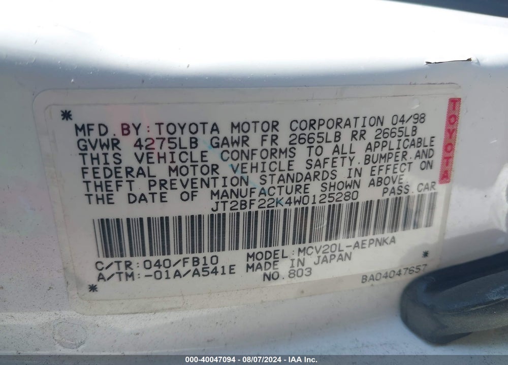 1998 TOYOTA CAMRY LE V6 VIN: JT2BF22K4W0125280