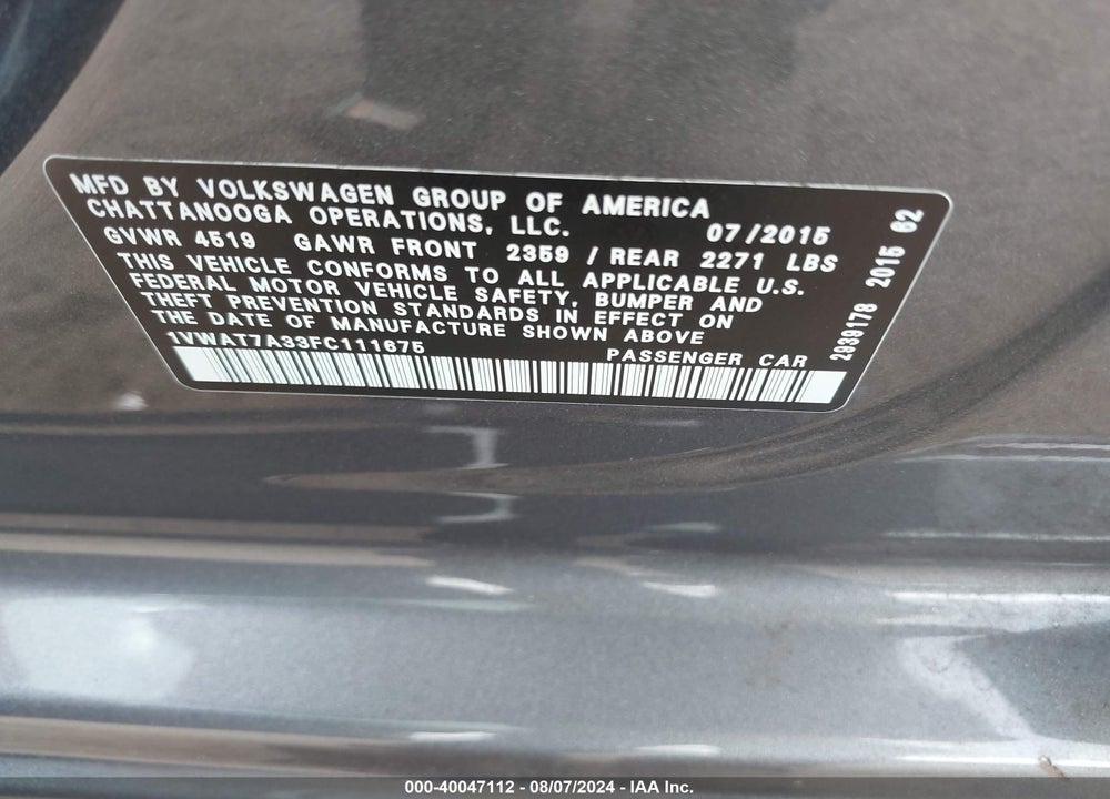 2015 VOLKSWAGEN PASSAT 1.8T LIMITED EDITION VIN: 1VWAT7A33FC111675
