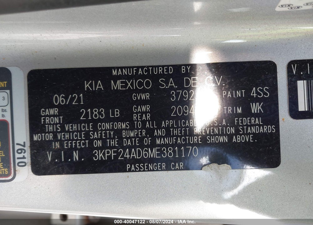 2021 KIA FORTE LXS VIN: 3KPF24AD6ME381170