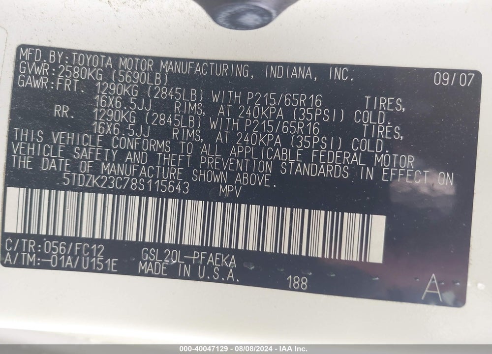 2008 TOYOTA SIENNA LE VIN: 5TDZK23C78S115643