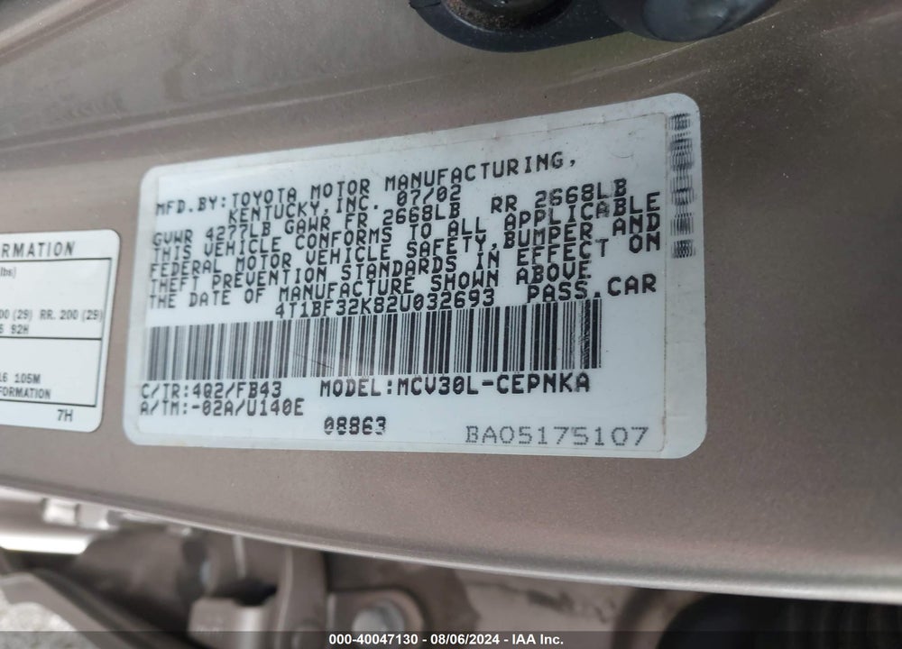 2002 TOYOTA CAMRY LE V6 VIN: 4T1BF32K82U032693