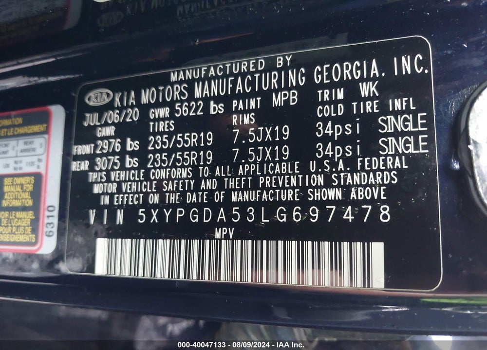2020 KIA SORENTO 3.3L S VIN: 5XYPGDA53LG697478
