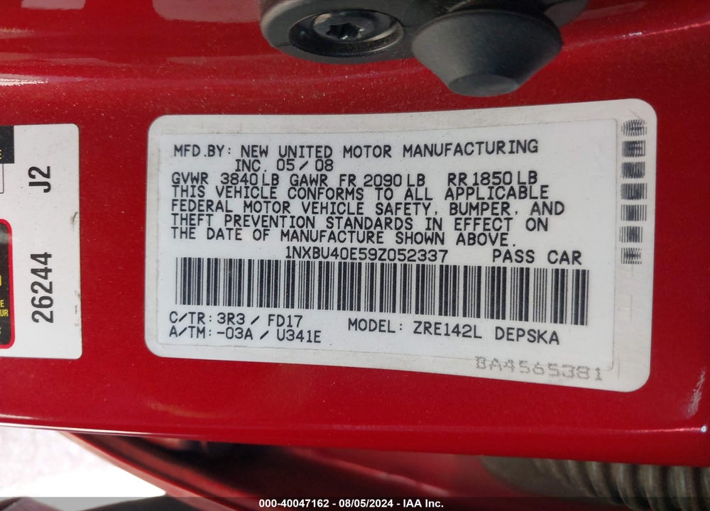 2009 TOYOTA COROLLA S VIN: 1NXBU40E59Z052337