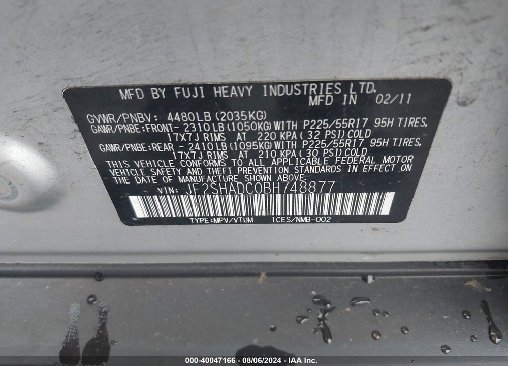 2011 SUBARU FORESTER 2.5X PREMIUM VIN: JF2SHADC0BH748877
