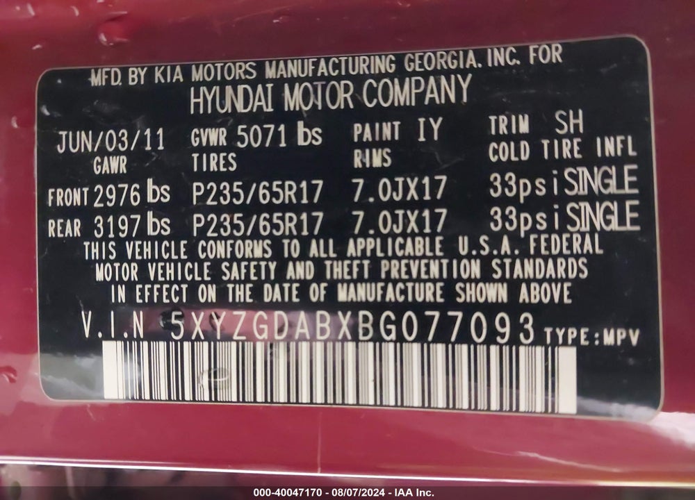 2011 HYUNDAI SANTA FE GLS VIN: 5XYZGDABXBG077093