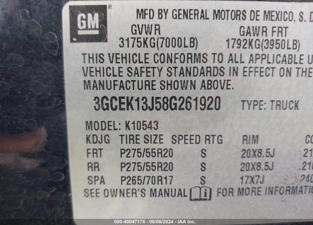 2008 CHEVROLET SILVERADO 1500 LTZ VIN: 3GCEK13J58G261920