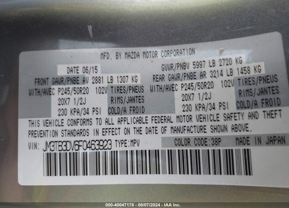 2015 MAZDA CX-9 GRAND TOURING VIN: JM3TB3DV6F0463923