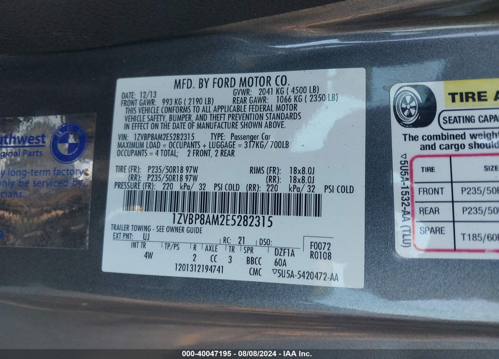 2014 FORD MUSTANG V6 PREMIUM VIN: 1ZVBP8AM2E5282315