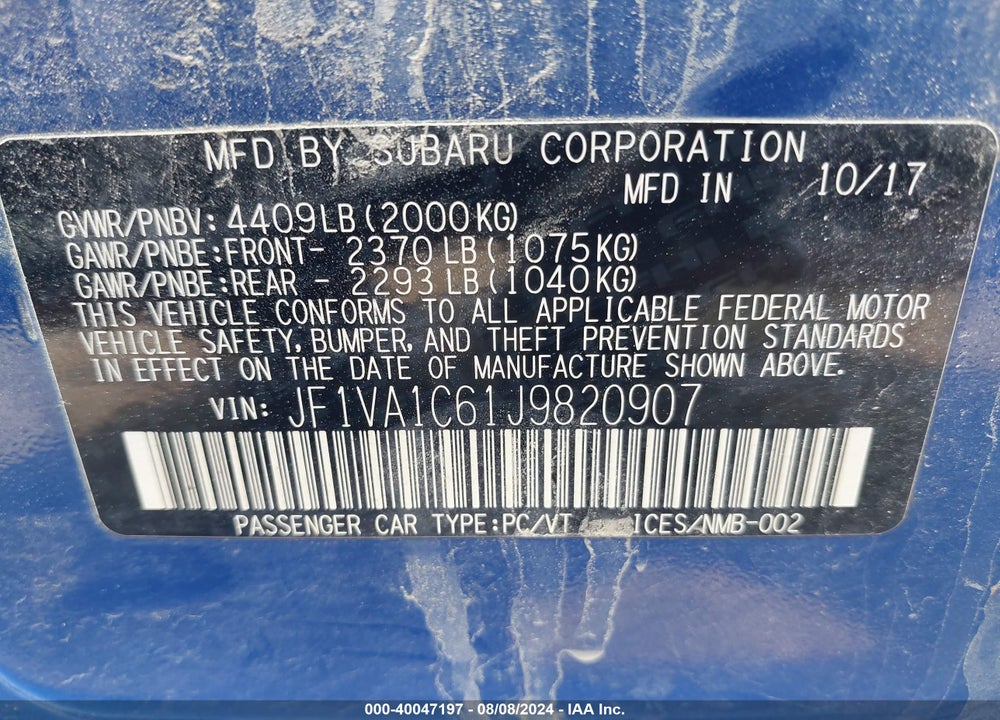 2018 SUBARU WRX PREMIUM VIN: JF1VA1C61J9820907