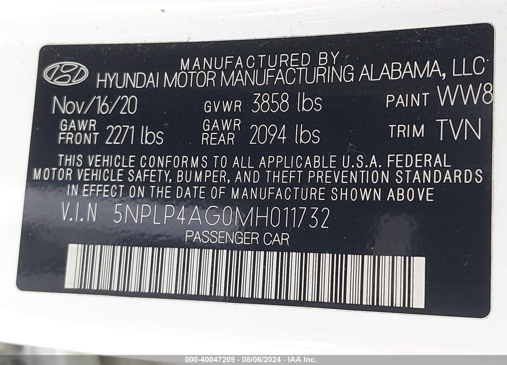 2021 HYUNDAI ELANTRA LIMITED VIN: 5NPLP4AG0MH011732