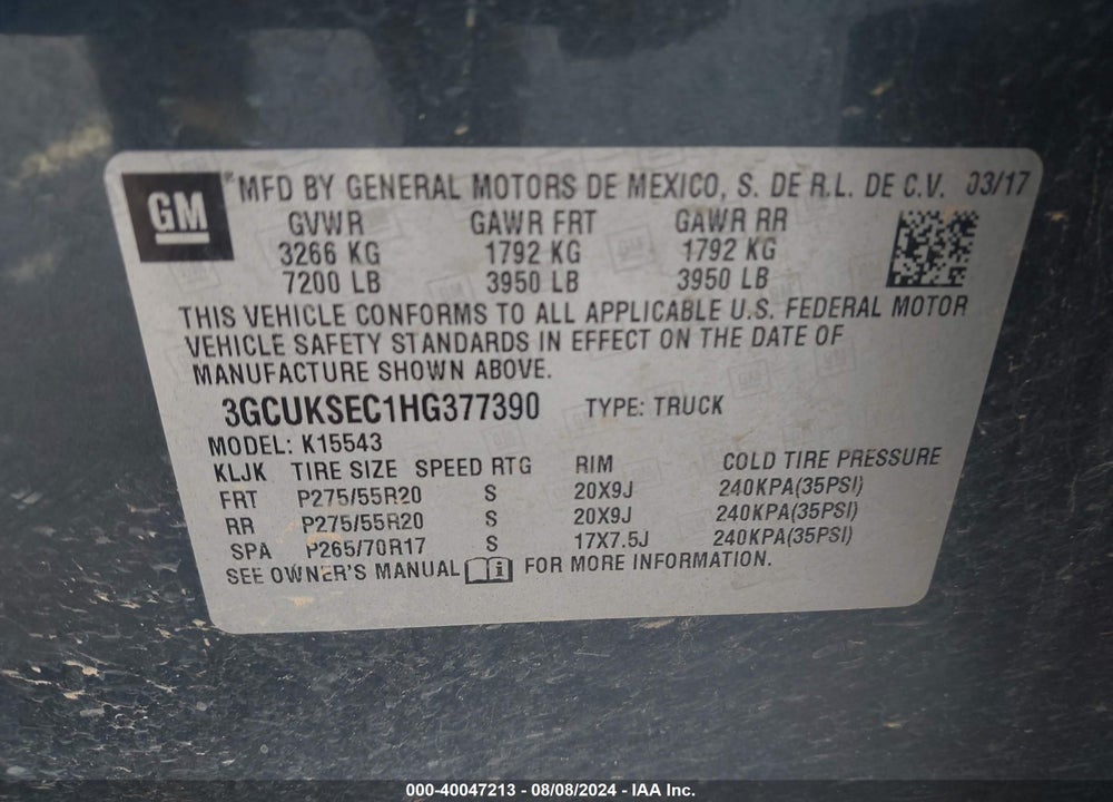 2017 CHEVROLET SILVERADO 1500 1LZ VIN: 3GCUKSEC1HG377390
