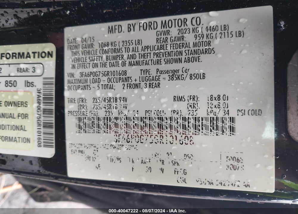 2016 FORD FUSION S VIN: 3FA6P0G75GR101608