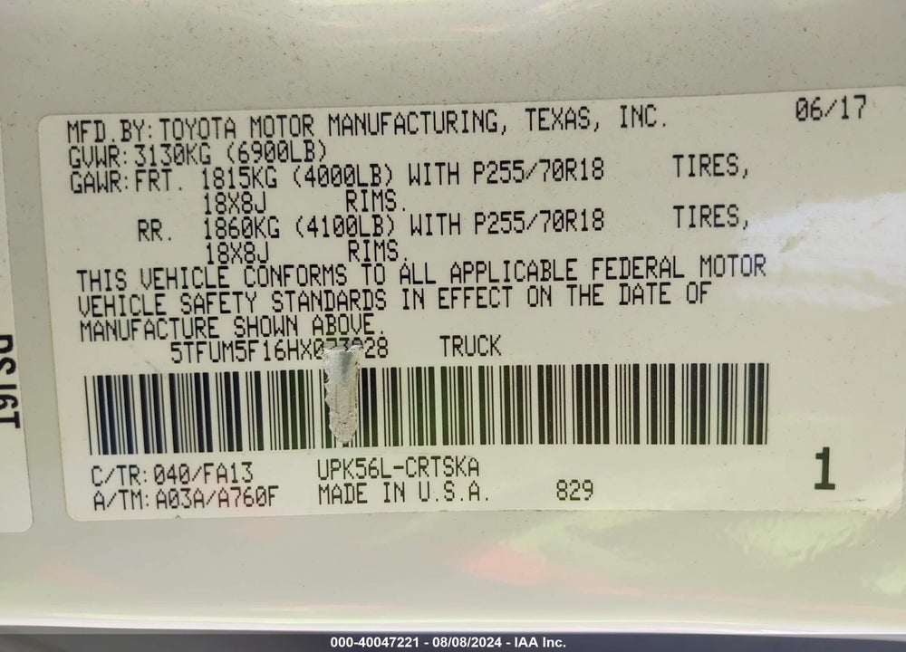 2017 TOYOTA TUNDRA SR 4.6L V8 VIN: 5TFUM5F16HX073928