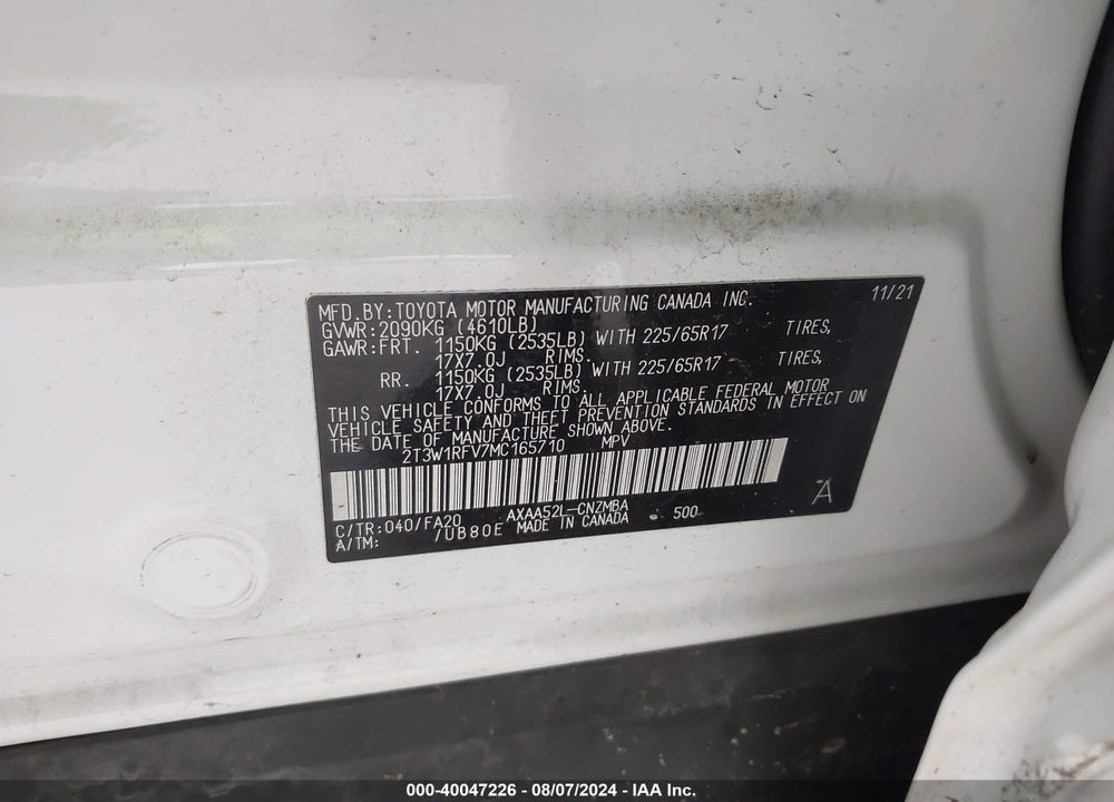 2021 TOYOTA RAV4 XLE VIN: 2T3W1RFV7MC165710