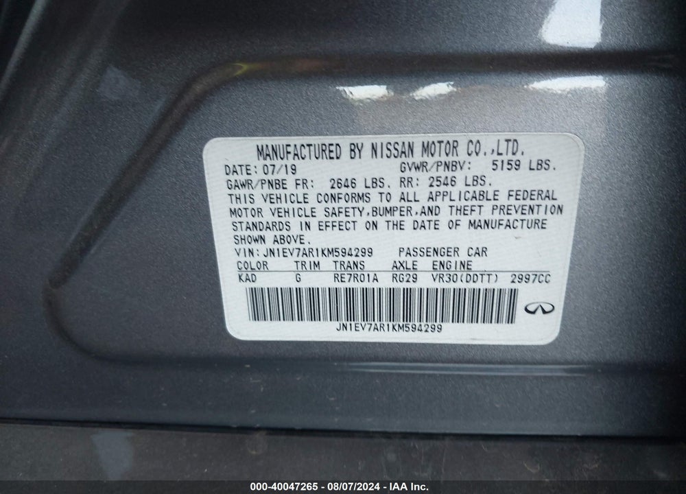 2019 INFINITI Q50 VIN: JN1EV7AR1KM594299