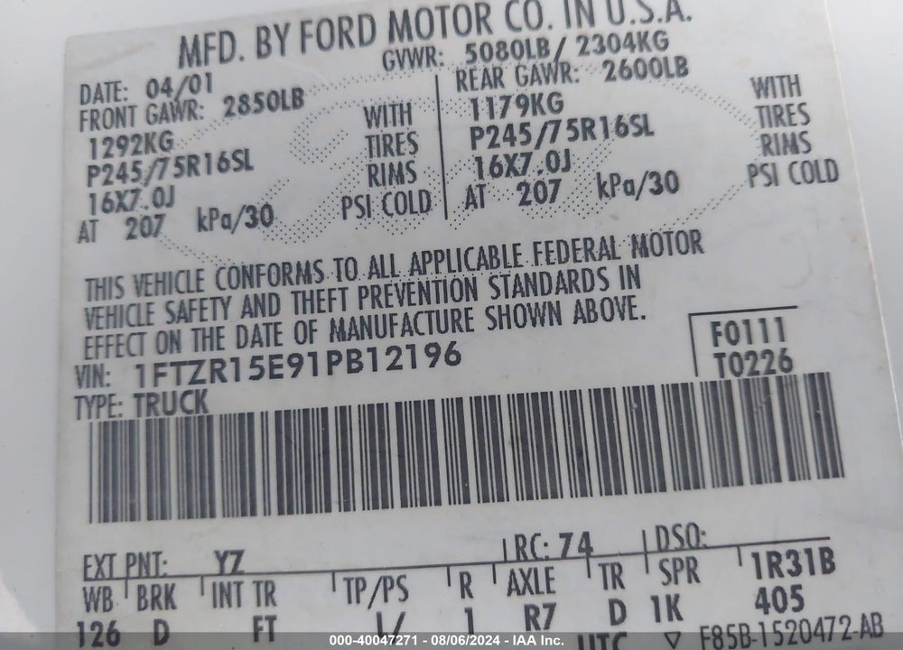 2001 FORD RANGER EDGE/XLT VIN: 1FTZR15E91PB12196