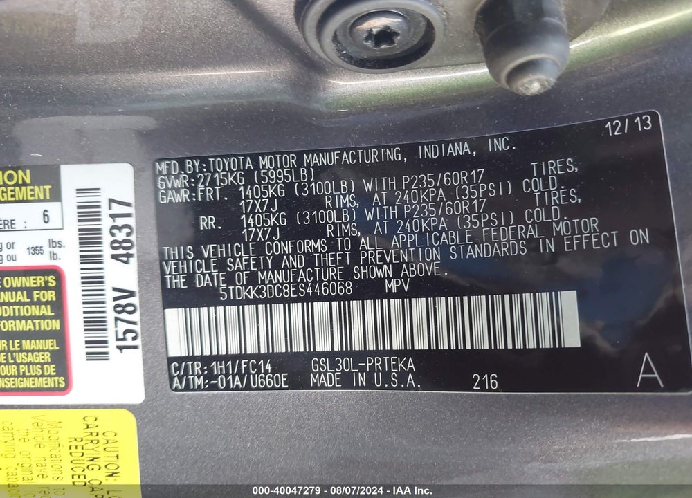 2014 TOYOTA SIENNA LE V6 8 PASSENGER VIN: 5TDKK3DC8ES446068