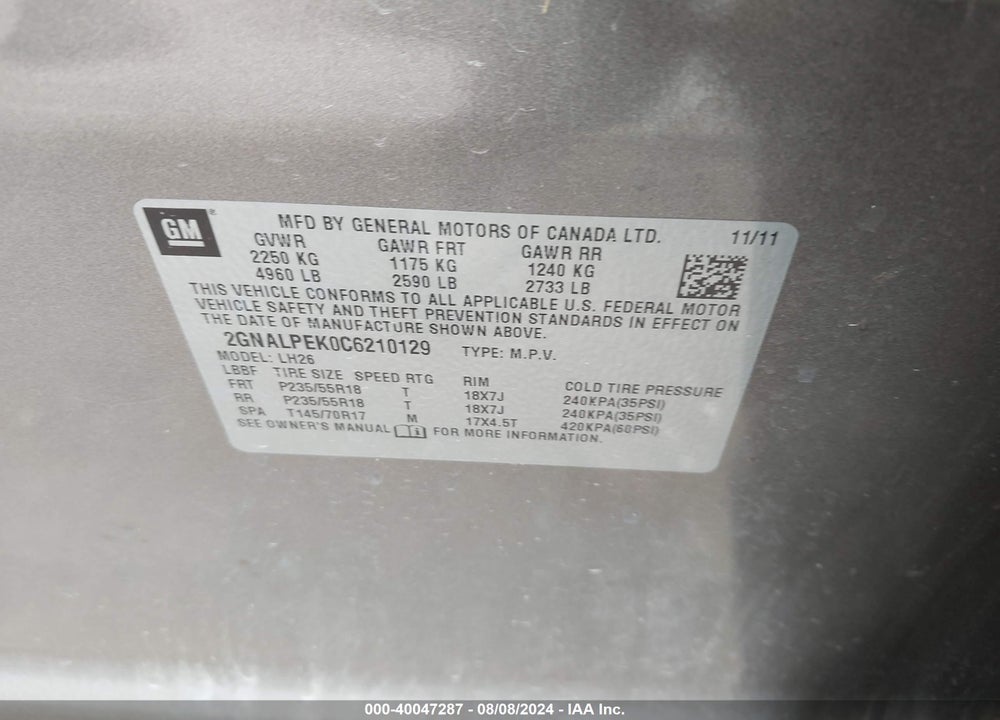 2012 CHEVROLET EQUINOX 2LT VIN: 2GNALPEK0C6210129