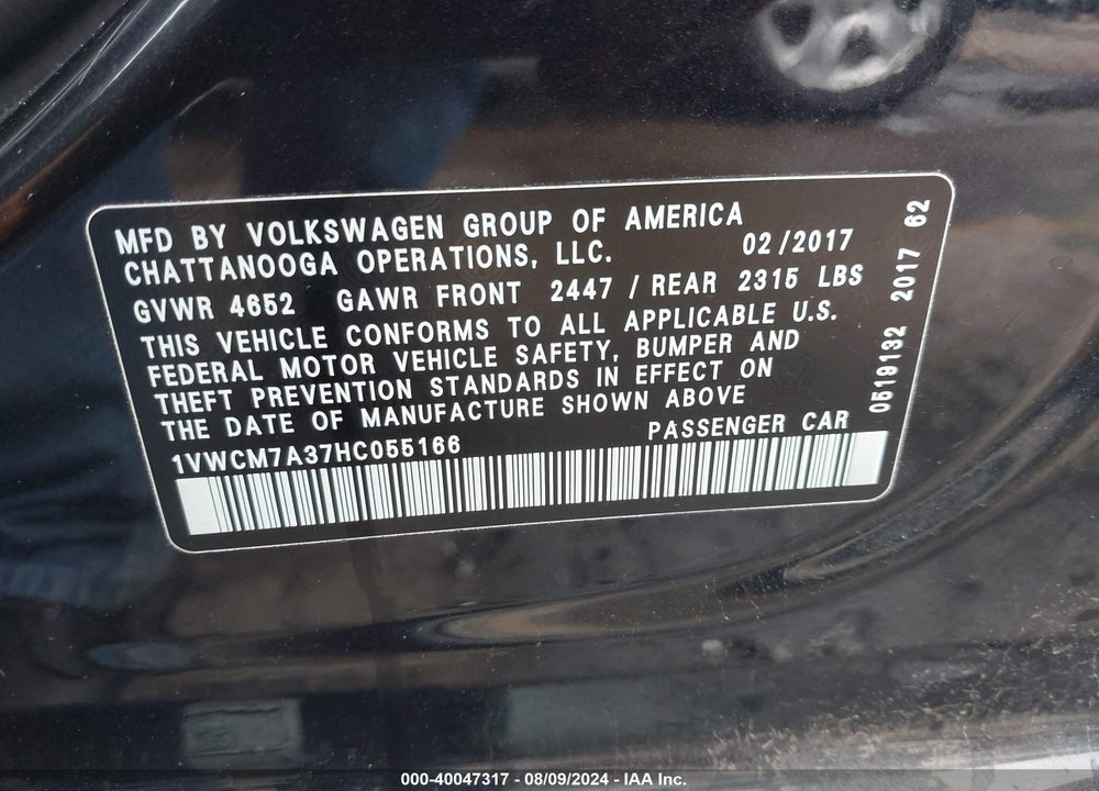 2017 VOLKSWAGEN PASSAT V6 SEL PREMIUM VIN: 1VWCM7A37HC055166