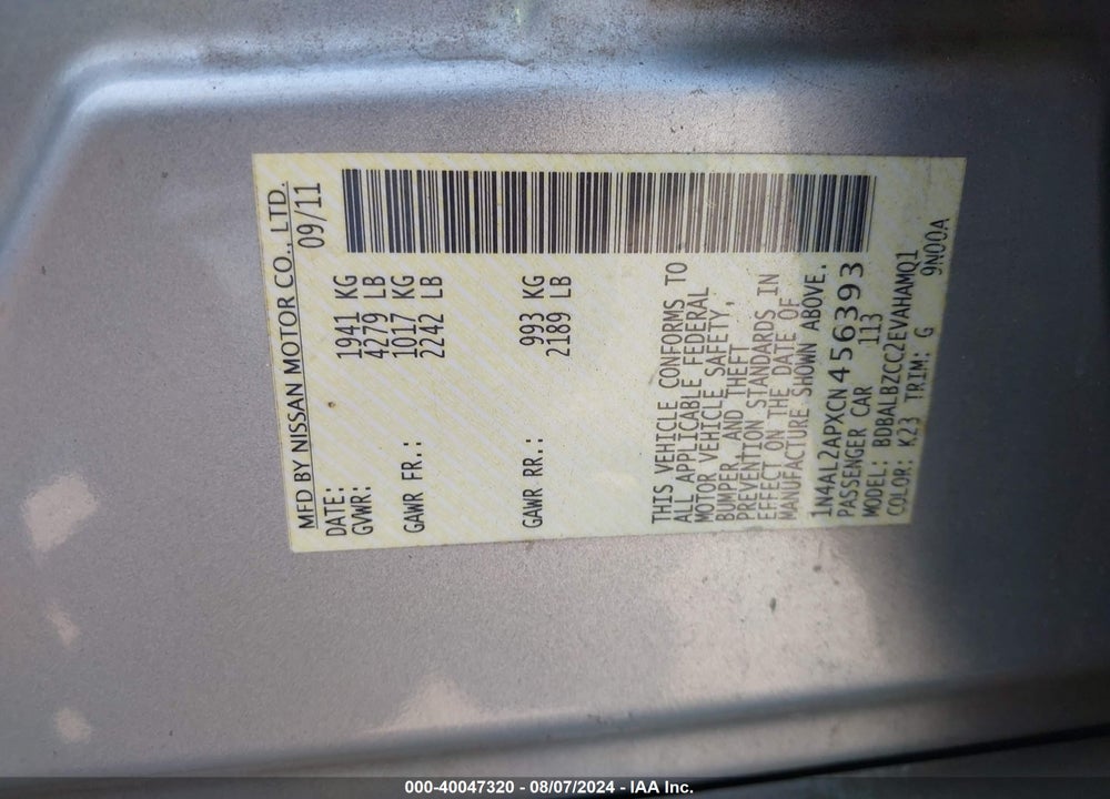 2012 NISSAN ALTIMA S VIN: 1N4AL2APXCN456393