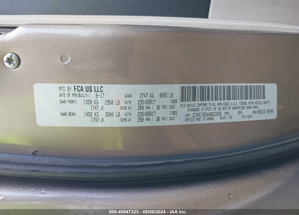 2017 CHRYSLER PACIFICA TOURING L VIN: 2C4RC1BGXHR823356