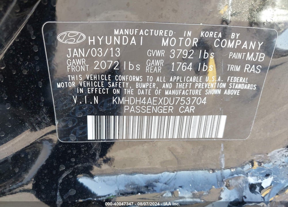 2013 HYUNDAI ELANTRA GLS VIN: KMHDH4AEXDU753704
