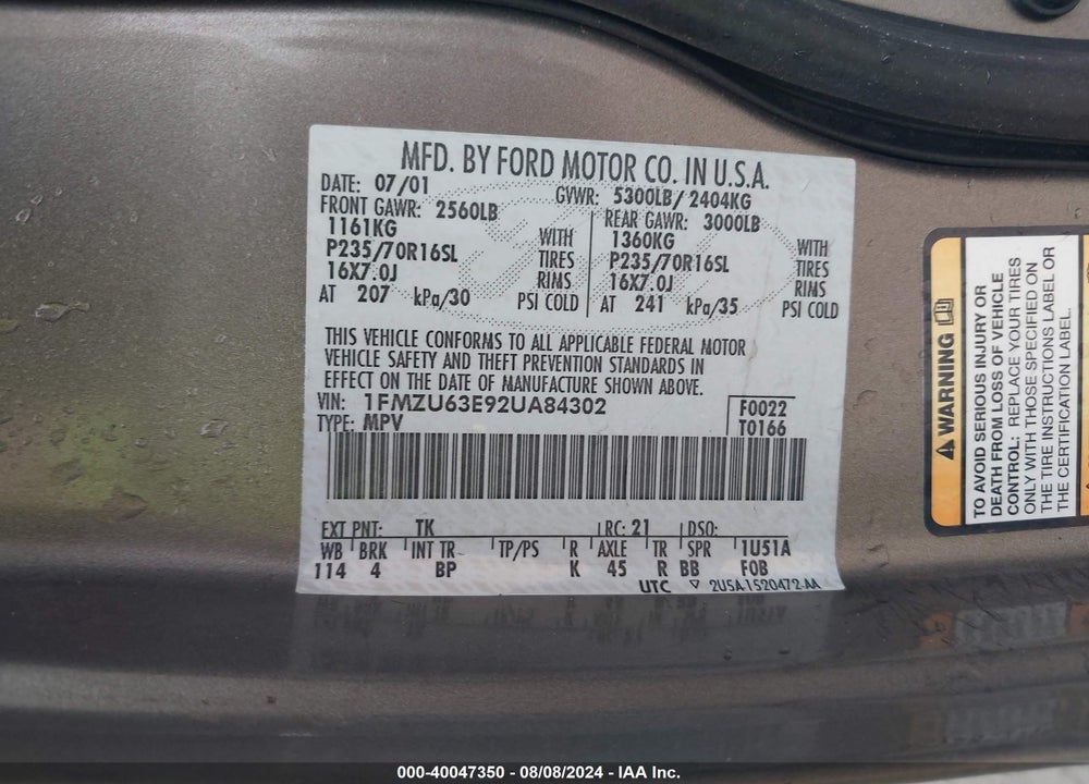 2002 FORD EXPLORER XLT VIN: 1FMZU63E92UA84302