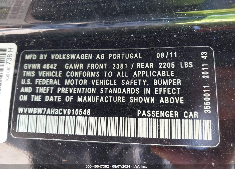 2012 VOLKSWAGEN EOS KOMFORT VIN: WVWBW7AH3CV010548