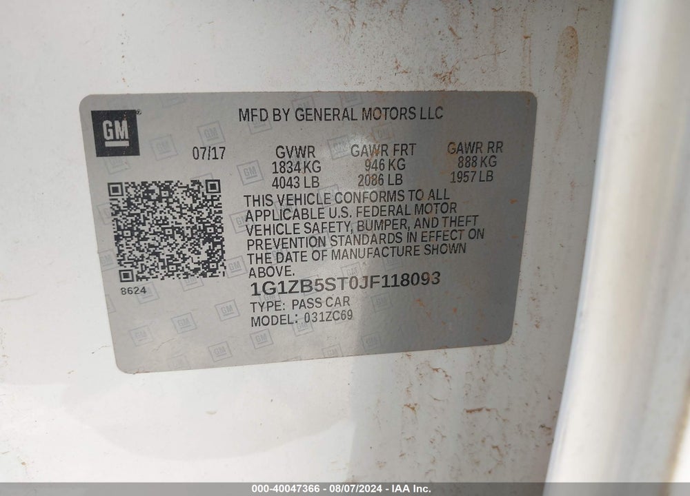 2018 CHEVROLET MALIBU 1LS VIN: 1G1ZB5ST0JF118093