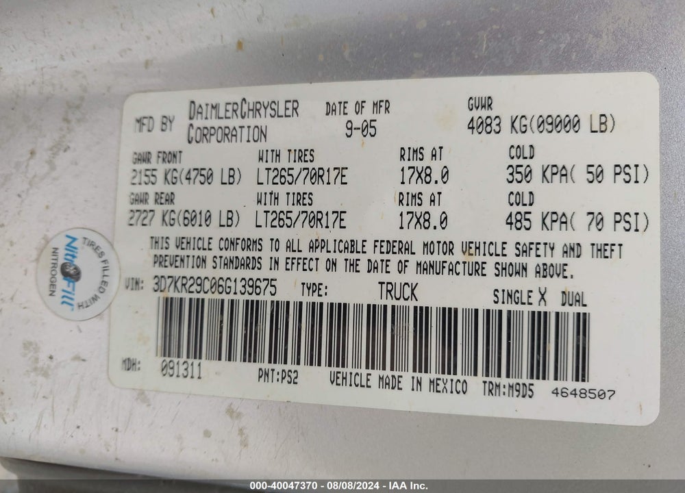 2006 DODGE RAM 2500 SLT VIN: 3D7KR29C06G139675