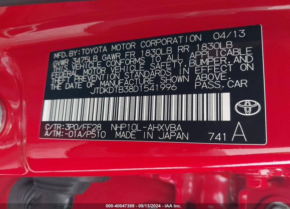 2013 TOYOTA PRIUS C TWO VIN: JTDKDTB38D1541996