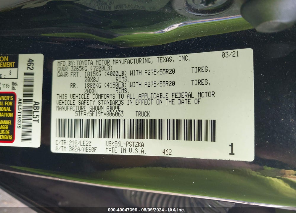2021 TOYOTA TUNDRA PLATINUM VIN: 5TFAY5F19MX006063