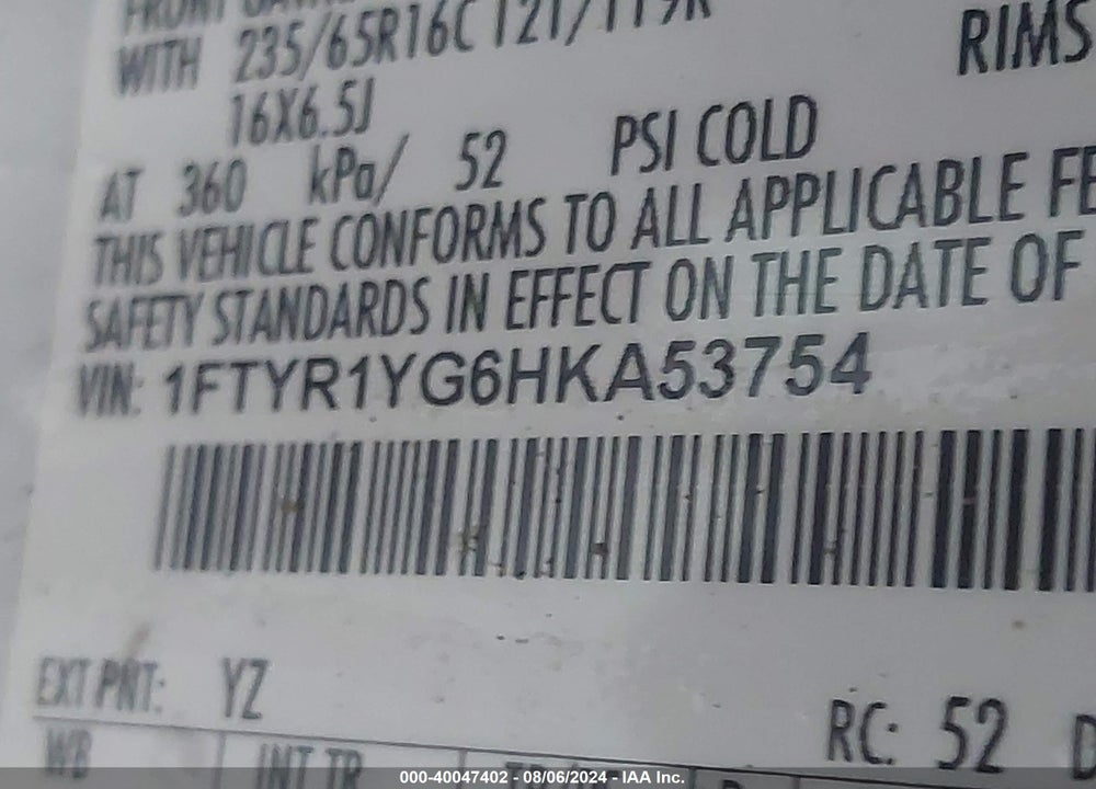 2017 FORD TRANSIT-250 T-250 VIN: 1FTYR1YG6HKA53574
