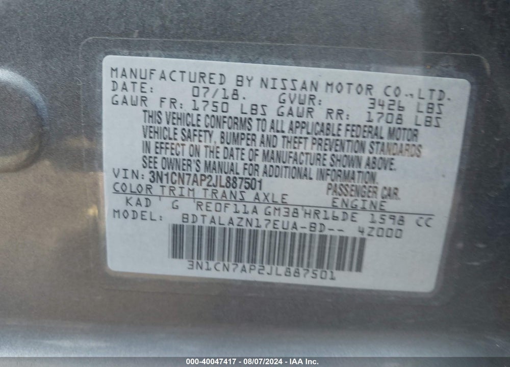 2018 NISSAN VERSA 1.6 S+ VIN: 3N1CN7AP2JL887501