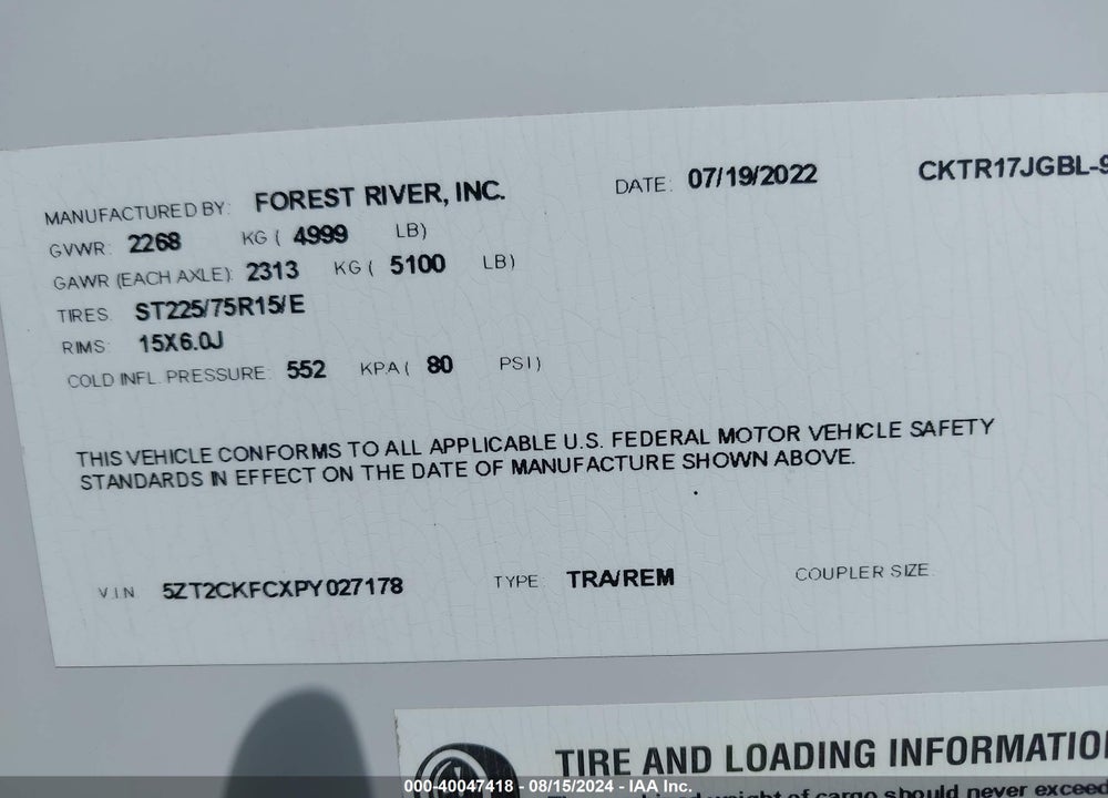 2023 FOREST RIVER OTHER VIN: 5ZT2CKFCXPY027178
