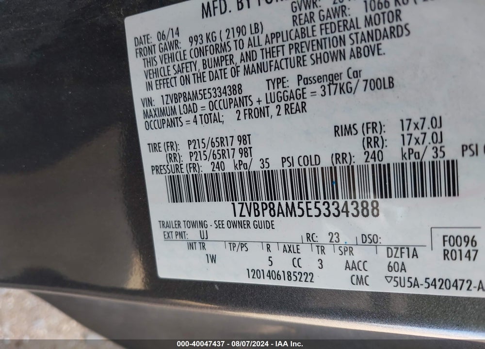 2014 FORD MUSTANG V6 VIN: 1ZVBP8AM5E5334388