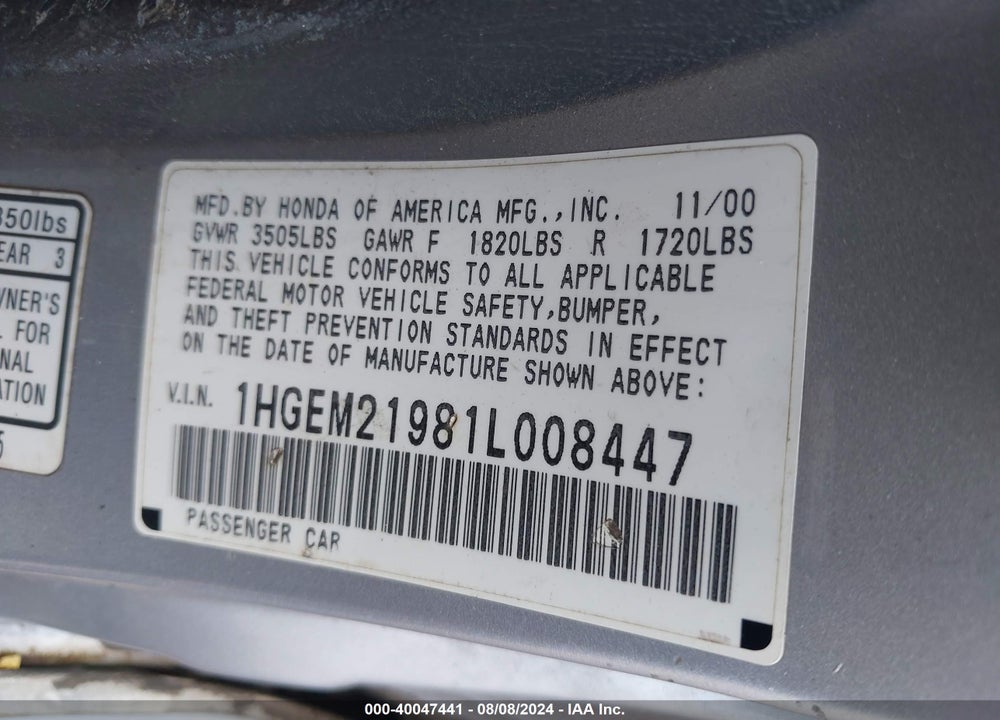 2001 HONDA CIVIC EX VIN: 1HGEM21981L008447