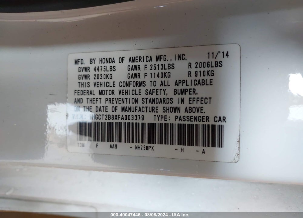 2015 HONDA ACCORD EX-L V-6 VIN: 1HGCT2B8XFA003379