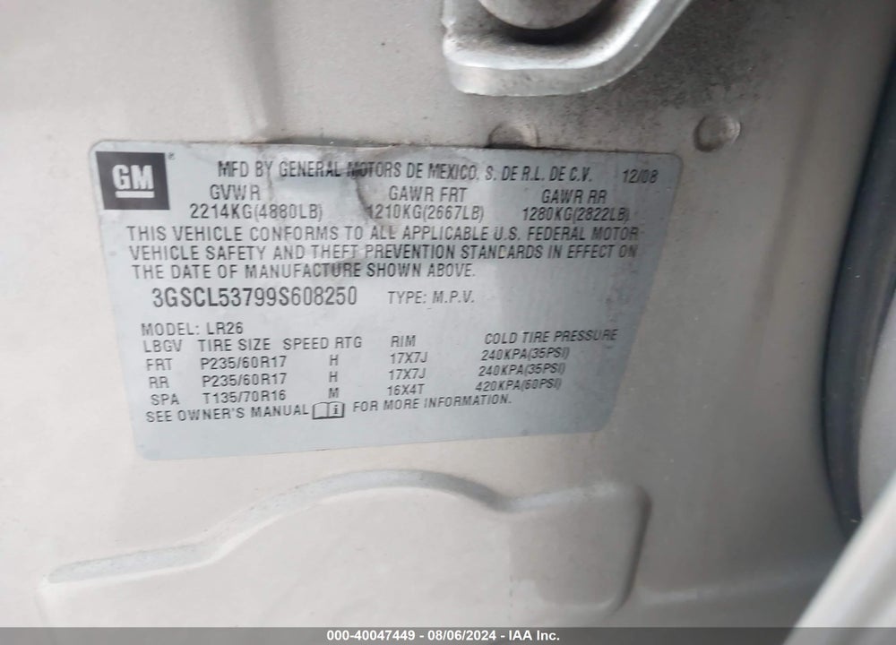 2009 SATURN VUE V6 XR VIN: 3GSCL53799S608250